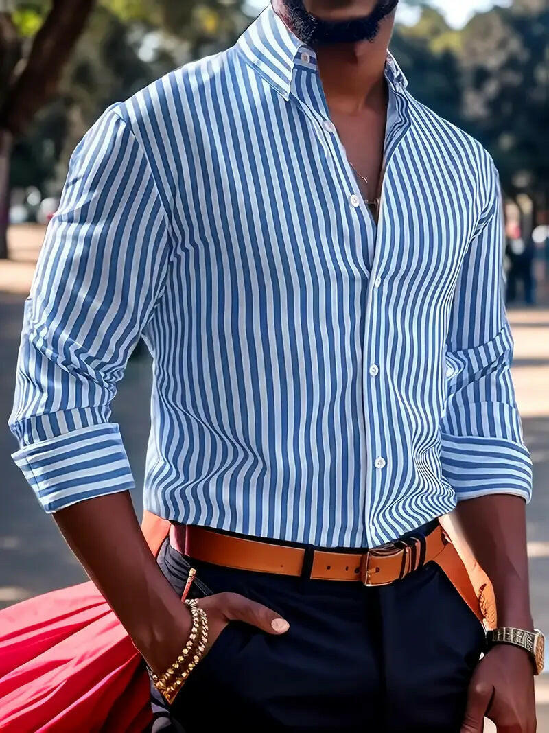 Ins Stripe Printed Long Sleeve Shirt Men Fashion Casual Lapel Button Top Clothing - Lumina shop