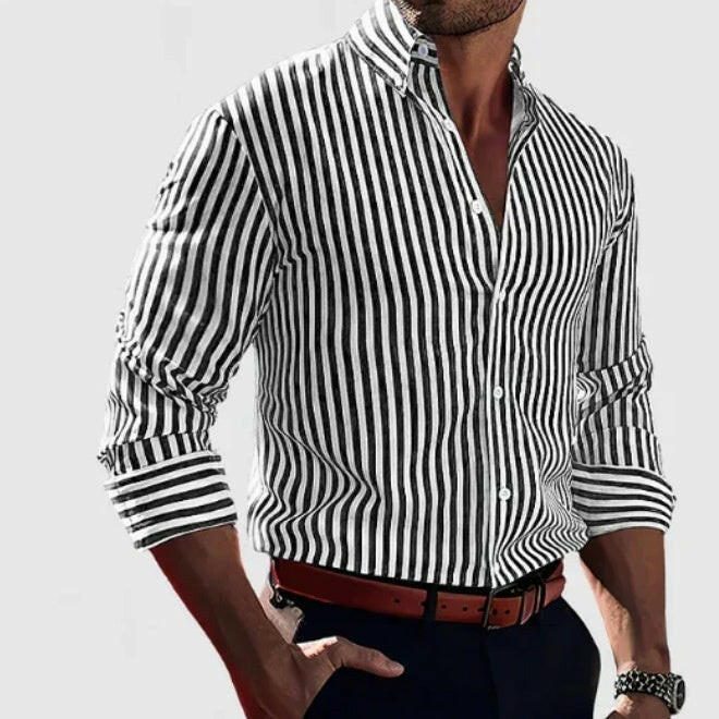 Ins Stripe Printed Long Sleeve Shirt Men Fashion Casual Lapel Button Top Clothing - Lumina shop