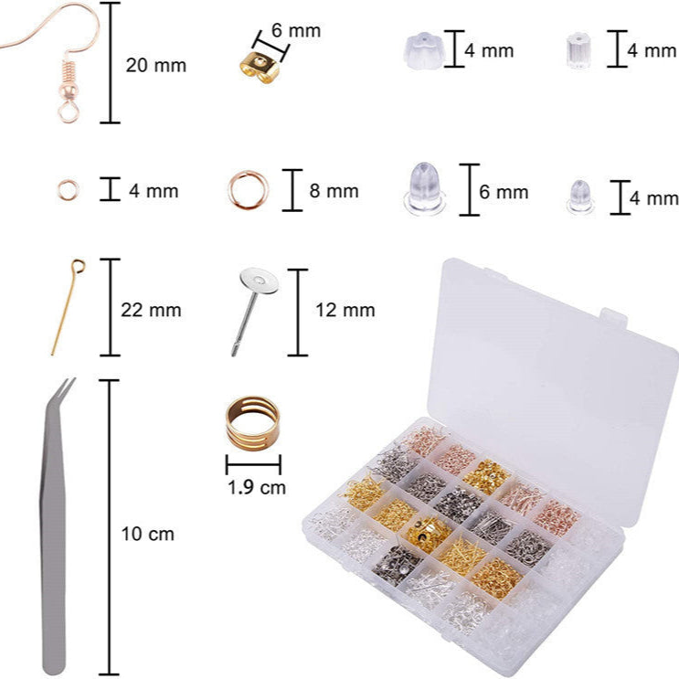 Jewelry-making kit with components and tools, including a box of beads and measurement details.