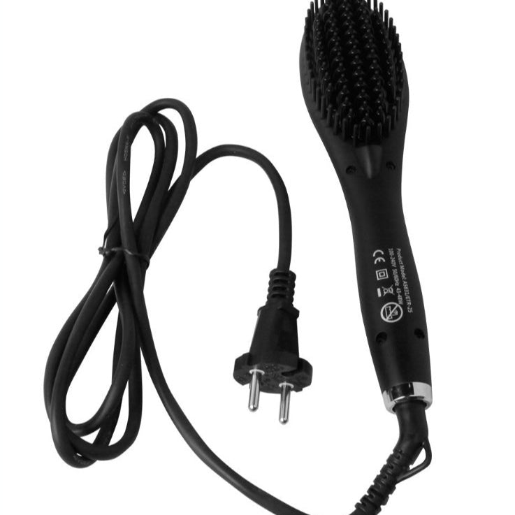 Black hair straightening brush with power cord on a white background