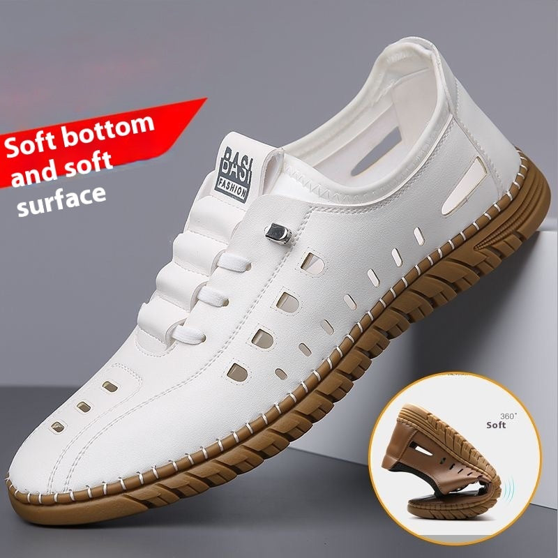 White shoe with brown sole on a gray background, featuring text about soft bottom and surface.