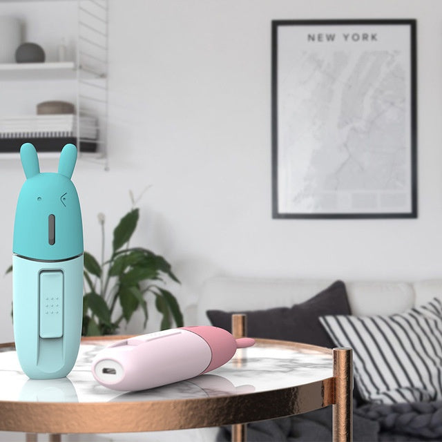 Two colorful rabbit-shaped humidifiers on a table with a home interior background.