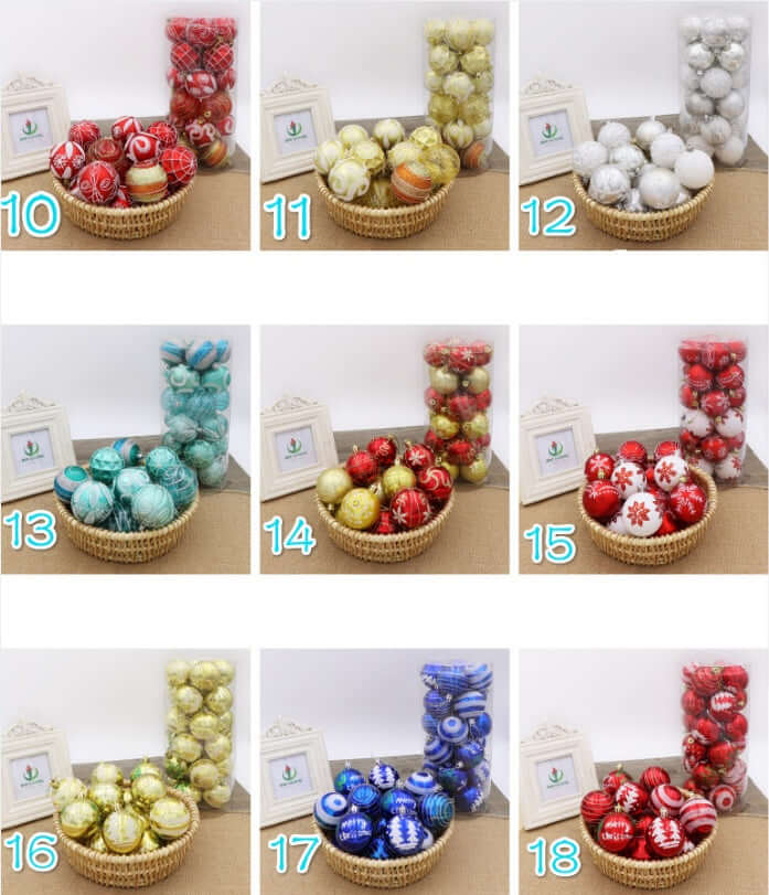 6cm Christmas tree decorations in various colors and designs displayed in baskets for festive holiday decor.