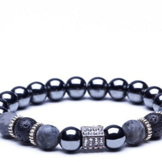 Black beaded bracelet with gray and silver accents on a white background