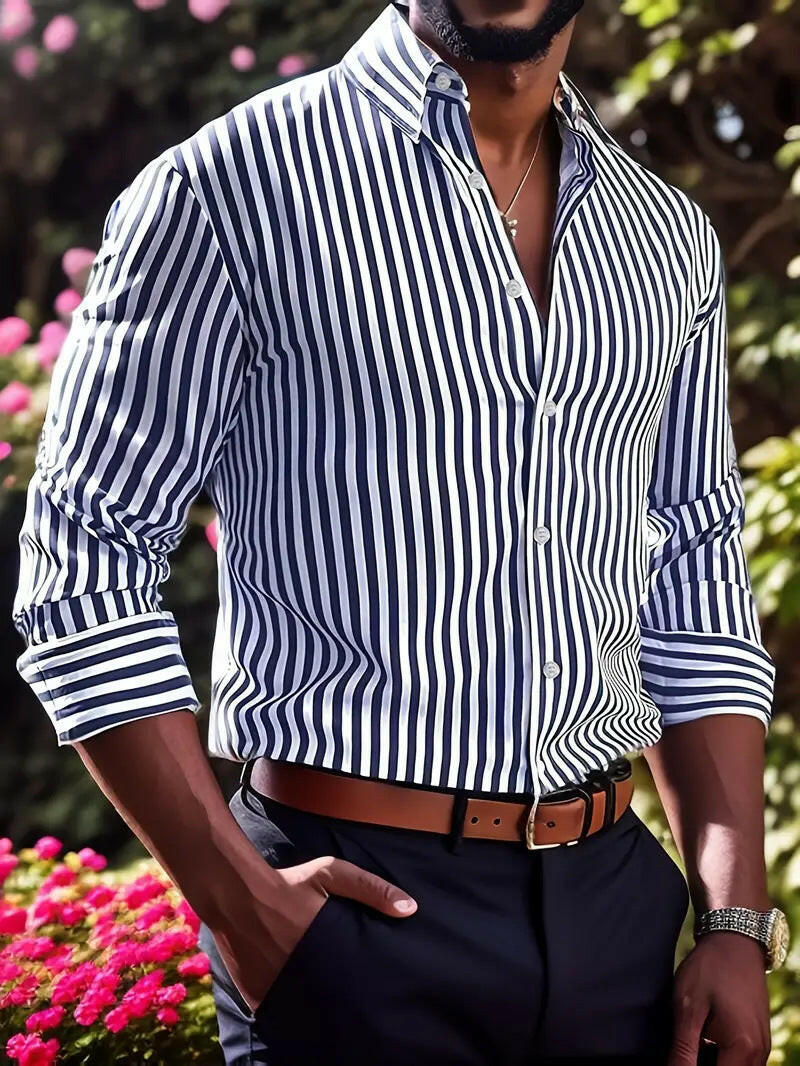 Ins Stripe Printed Long Sleeve Shirt Men Fashion Casual Lapel Button Top Clothing - Lumina shop