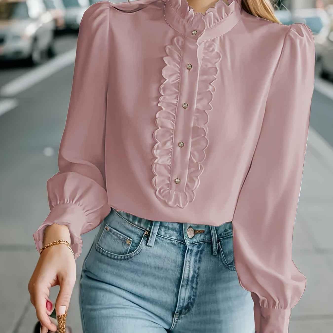 Fashionable Stand-up Collar Long-sleeved Shirt With Lotus Leaf Hem