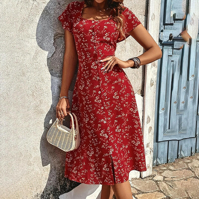 Summer Floral Print Maxi Dress Women Button Up Split Long Flowy Bohemian Beach Party Dresses - Lumina shop