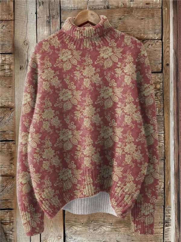 Women's Christmas Printed Turtleneck Sweater in floral pattern, featuring a cozy thick needle design.
