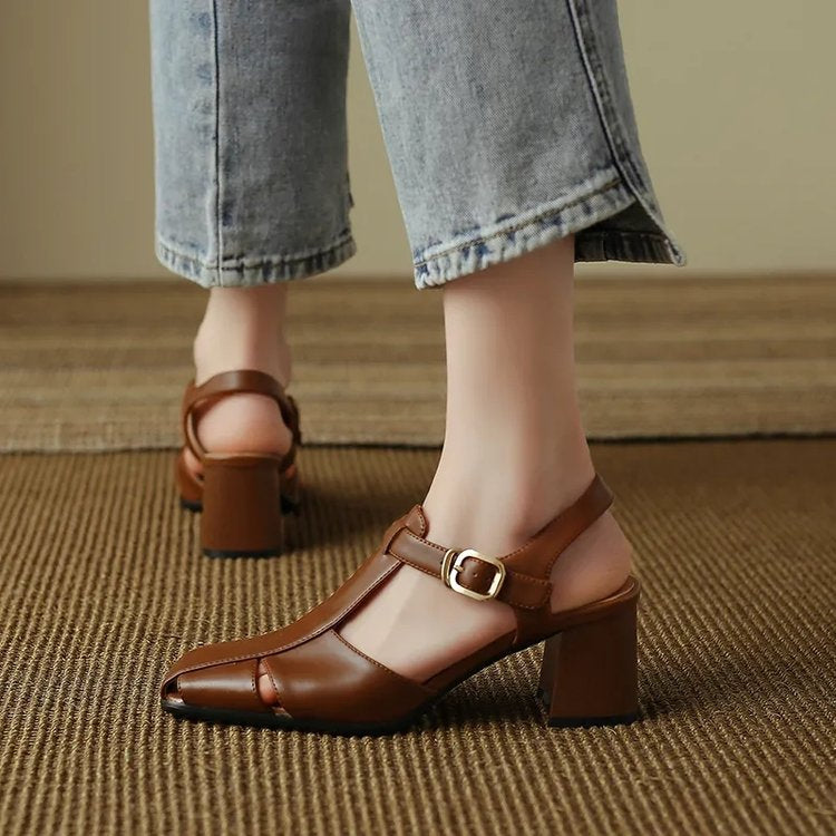 Hollow Retro Closed Toe Chunky Heel Sandals for Women | Luminashop