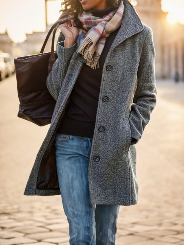 Women's Casual Tweed Coat - Solid Color Mid-Length H-Silhouette Button Front Long Sleeve - Lumina shop