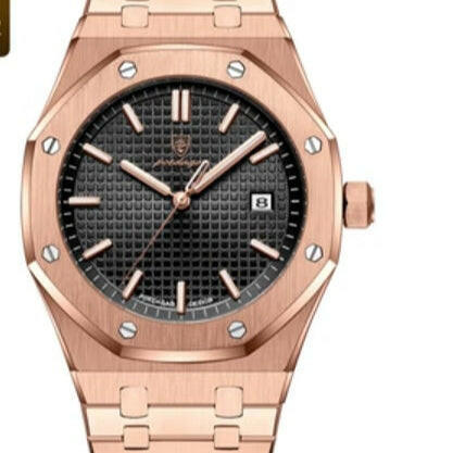 Rose gold watch with black dial on a white background