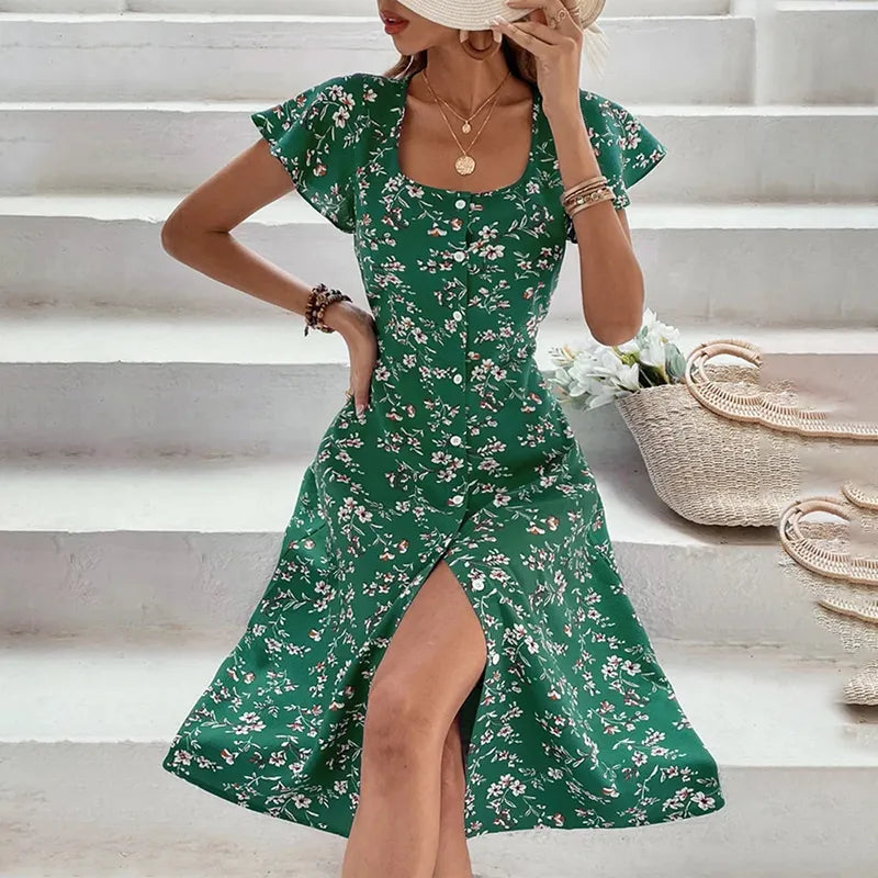 Women’s Summer Floral Print Maxi Dress – Button Up Split Long Bohemian Beach Party Dress | Luminashop