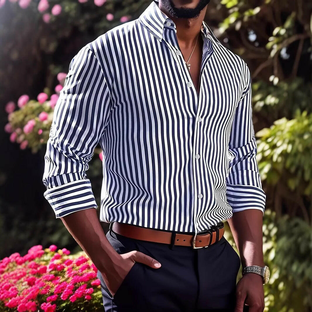 Ins Stripe Printed Long Sleeve Shirt Men Fashion Casual Lapel Button Top Clothing - Lumina shop