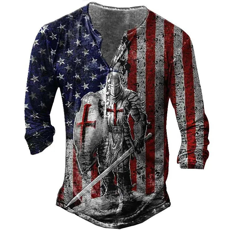 Open Placket Button Men's Long-sleeved Digital Printing T-shirt