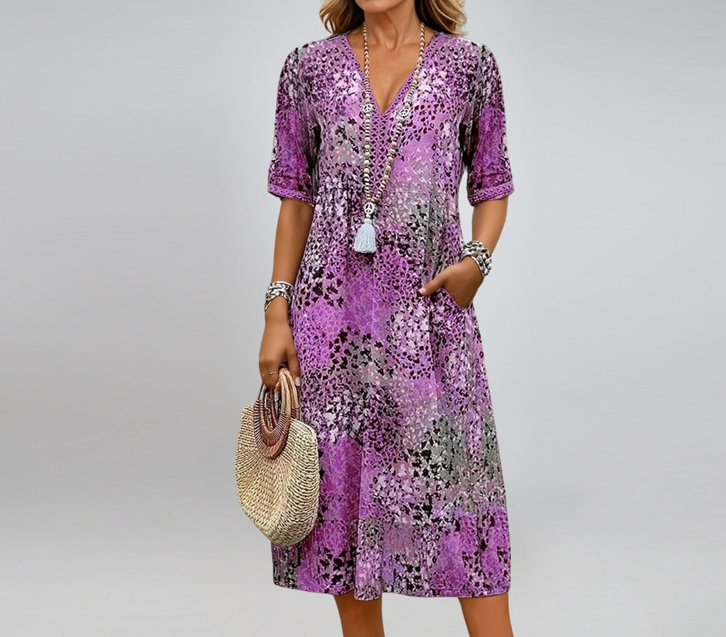 Summer V-neck Half-sleeved Dress With Pockets Fashion Ethnic Print Dresses Beach Holiday Clothing For Women - Lumina shop