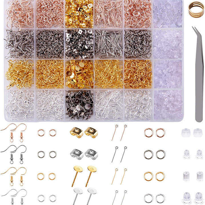 Jewelry making kit with various components and tools on a white background