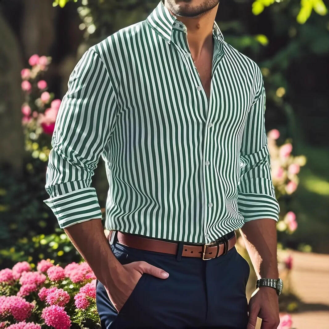 Ins Stripe Printed Long Sleeve Shirt Men Fashion Casual Lapel Button Top Clothing - Lumina shop
