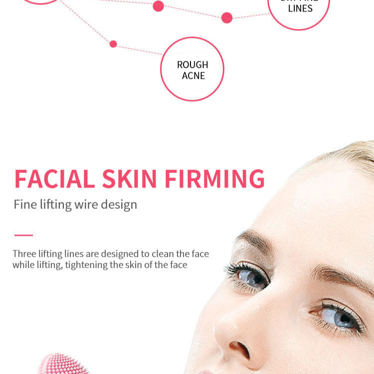 Facial skin firming product with a close-up of a woman's face and text on a pink background.