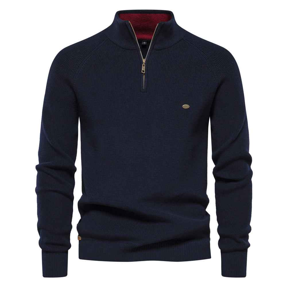 Men's Zipper Stand Collar Knitted Sweater Fashion Slim Solid Color Long Sleeve Half Turtleneck Top Men's Clothing