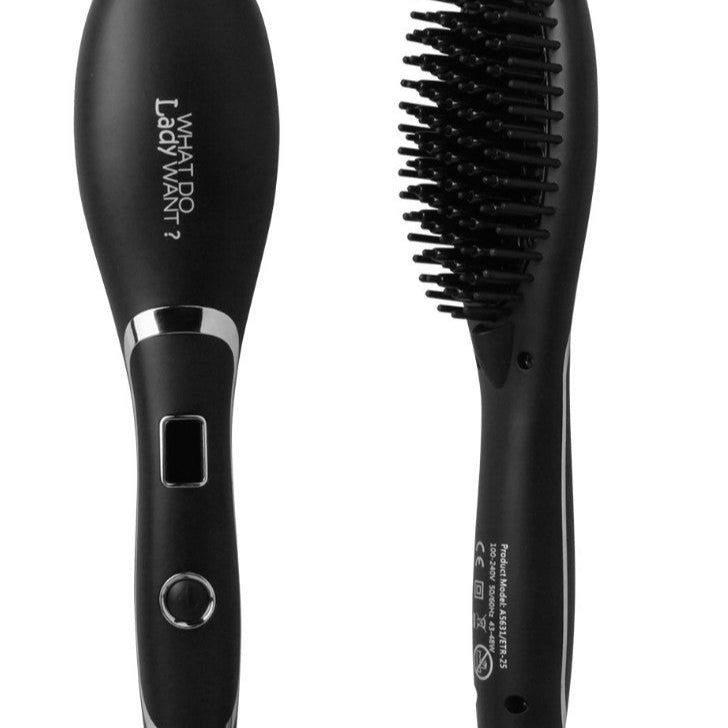 Black hair straightening brush with brand name on a white background