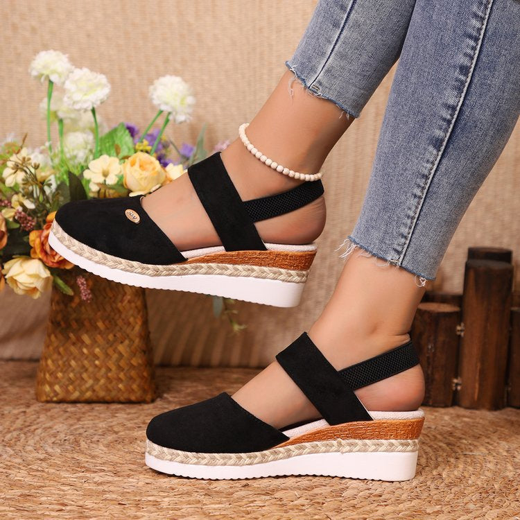 Hemp Rope Wedges Sandals Summer Lightweight Braided Closed Toe Elastic Band Shoes For Women