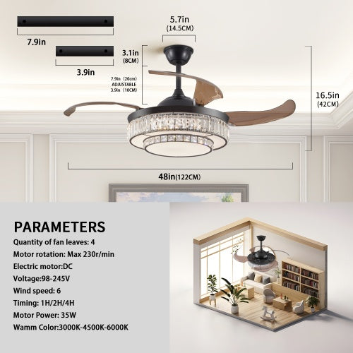 Modern LED Retractable Ceiling Fan With Light And Remote Control - Lumina shop