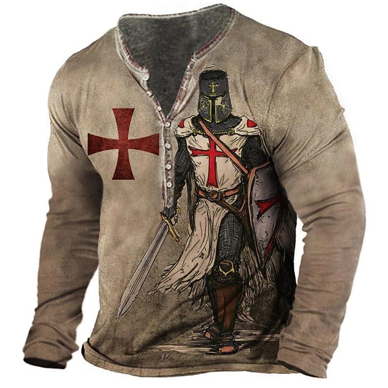 Open Placket Button Digital Printing Men's Long-sleeved T-shirt - Lumina shop