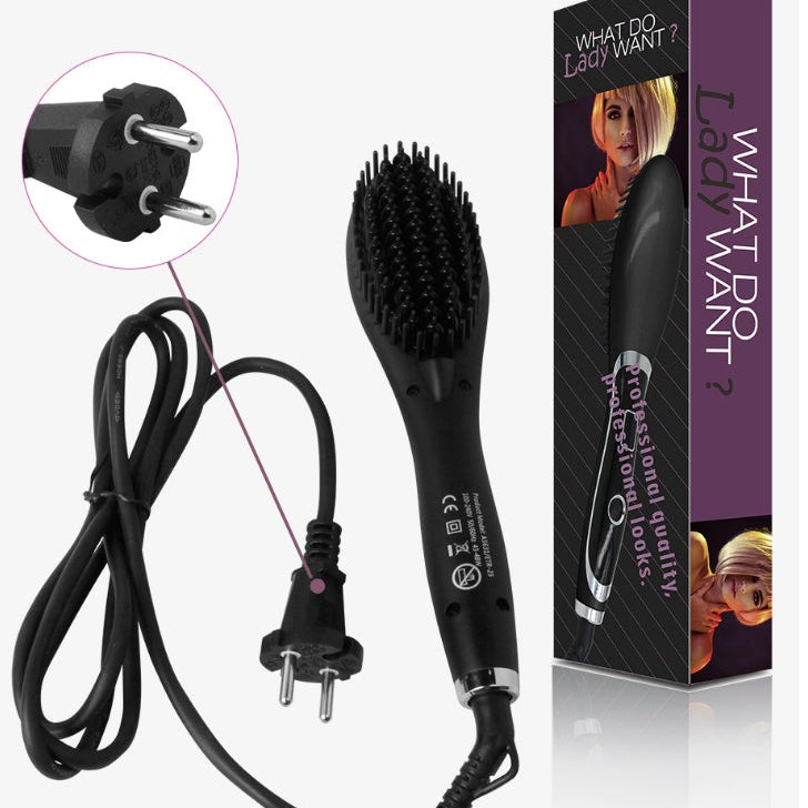 Hair straightening brush with power cord and packaging on a white background