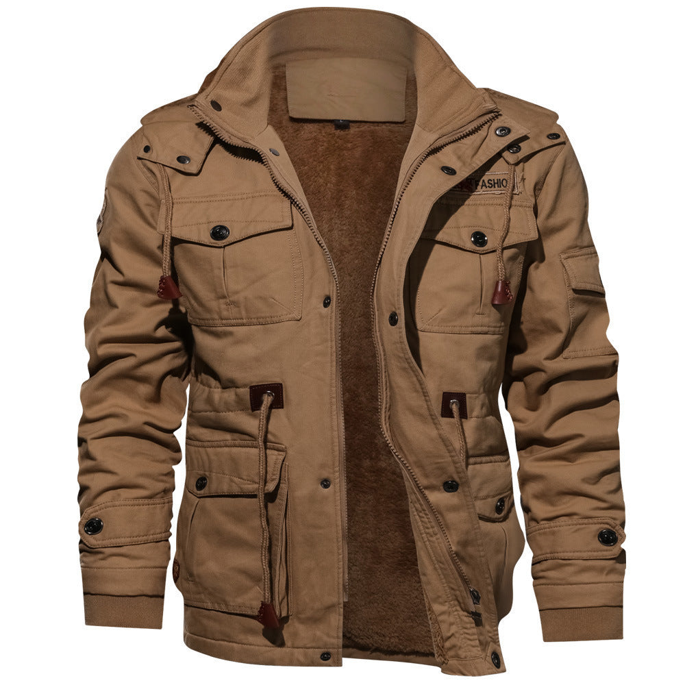 Winter Zip-up Coat Warm Thickened Detachable Hooded Jacket Multi-pocket