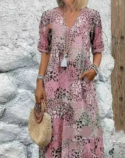 Summer V-neck Half-sleeved Dress With Pockets Fashion Ethnic Print Dresses Beach Holiday Clothing For Women - Lumina shop
