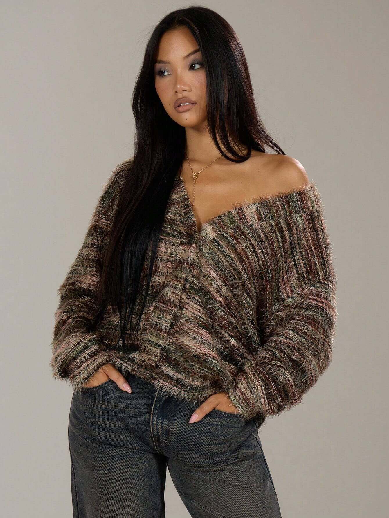 Winter Stripe Knitted Sweater Ins Button Cardigan Long Sleeved V-neck Cropped Tops For Women