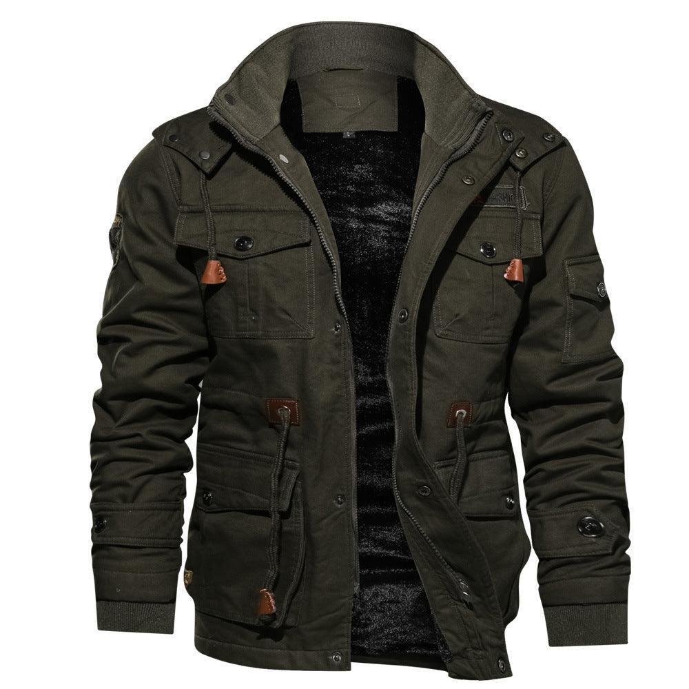 Winter Zip-up Coat Warm Thickened Detachable Hooded Jacket Multi-pocket
