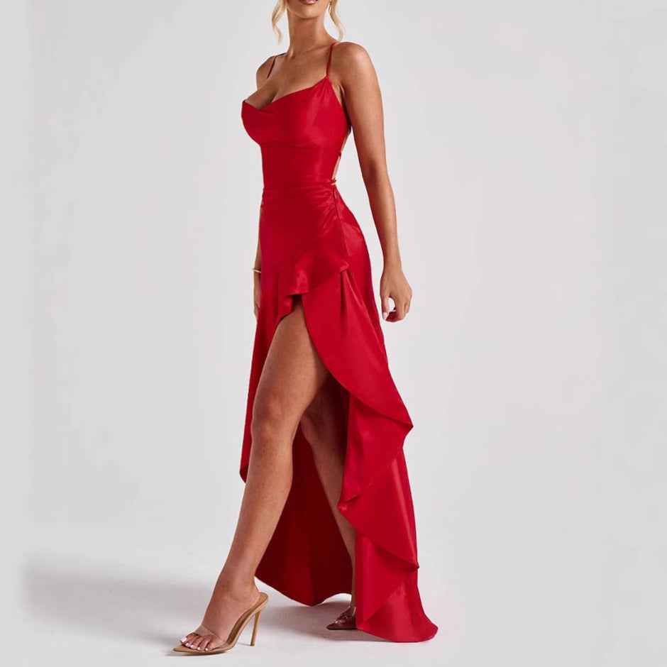 Women's Backless Ruffles Irregular Dress Summer Fashion Evening Party Club Split Suspender Maxi Dresses Clothing