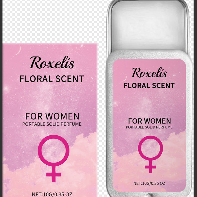 Roxelis Floral Scent portable solid perfume packaging with pink label and silver tin.
