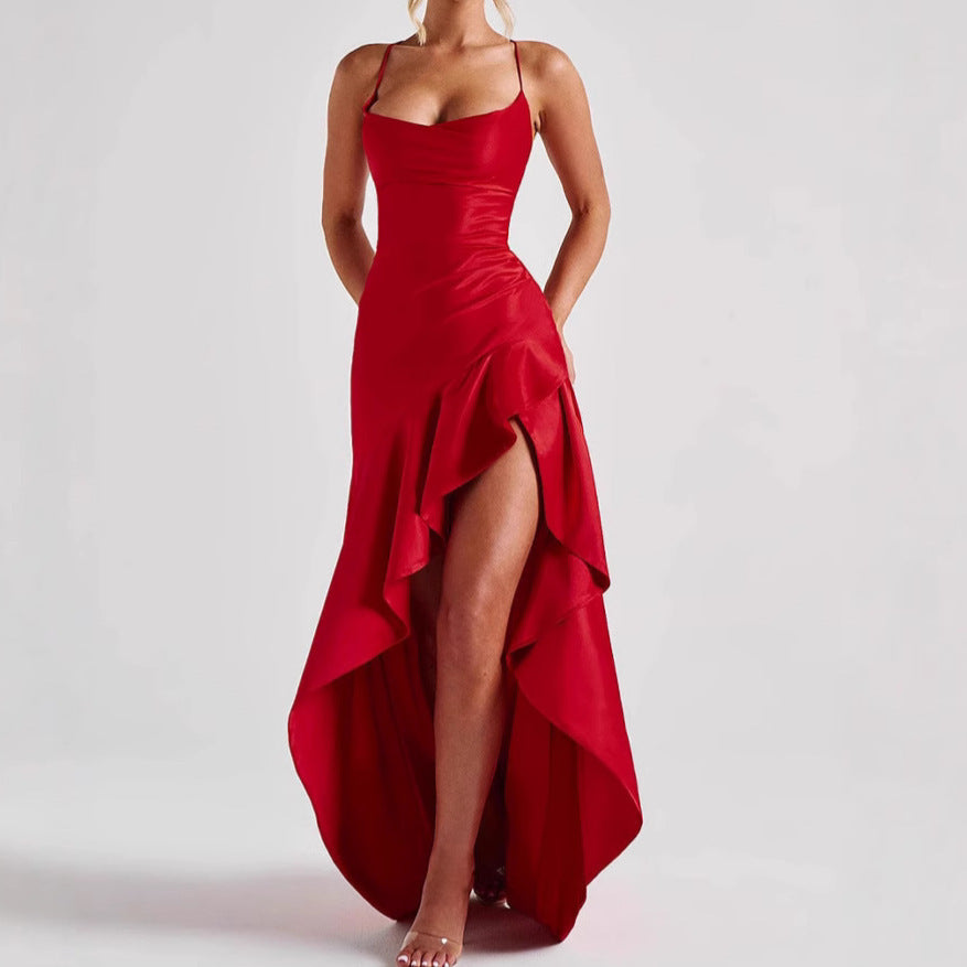 Women's Backless Ruffles Maxi Dress - Irregular Fashion Evening Party Club Split Maxi Dresses - My Store