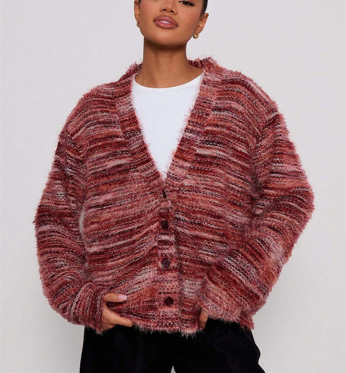 Winter Stripe Knitted Sweater Ins Button Cardigan Long Sleeved V-neck Cropped Tops For Women