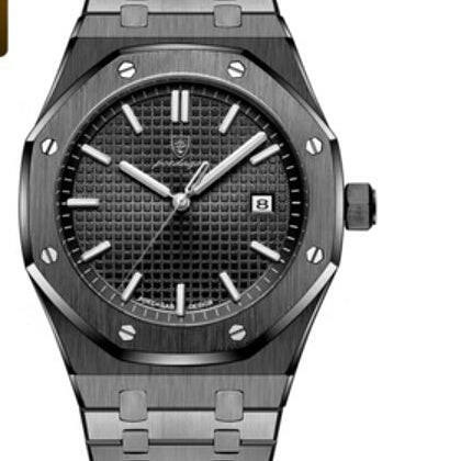 Stainless steel watch with black dial on a white background
