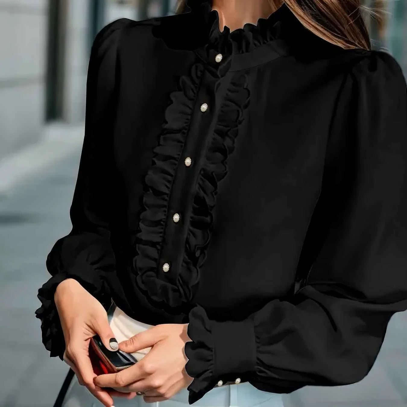 Fashionable Stand-up Collar Long-sleeved Shirt With Lotus Leaf Hem
