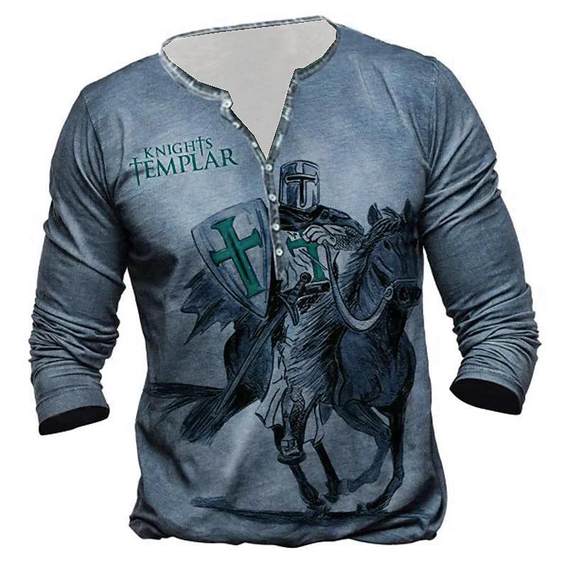 Open Placket Button Digital Printing Men's Long-sleeved T-shirt - Lumina shop