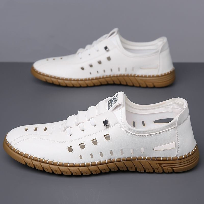 Hollow Breathable White Shoes Hole Shoes Soft Bottom Men Slip-on Leather Sandals - Lumina shop