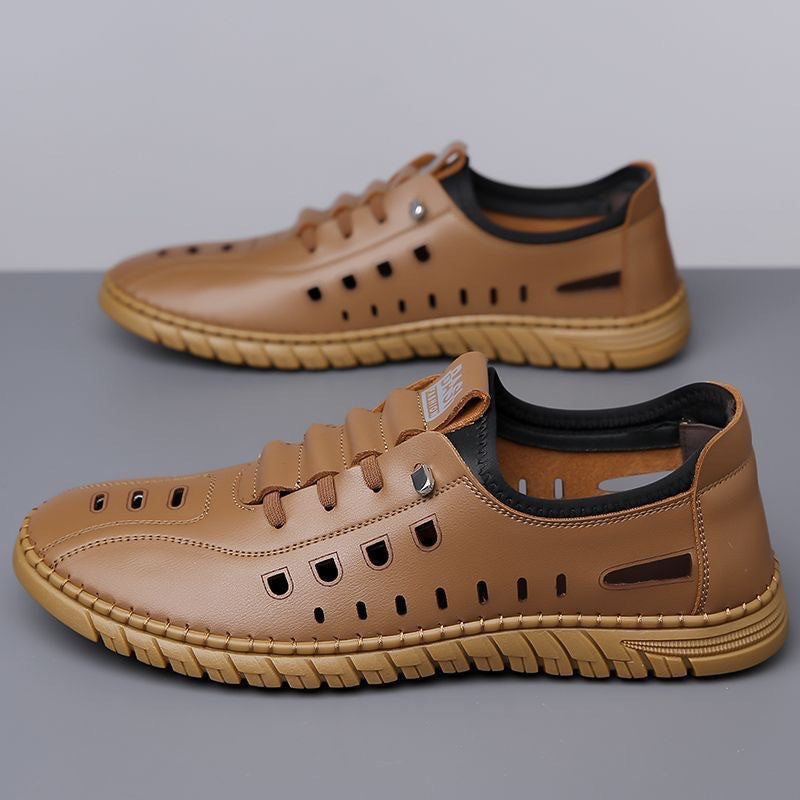 Hollow Breathable White Shoes Hole Shoes Soft Bottom Men Slip-on Leather Sandals - Lumina shop