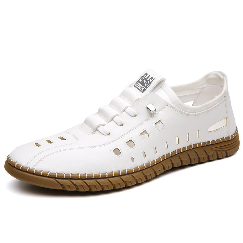 Hollow Breathable White Shoes Hole Shoes Soft Bottom Men Slip-on Leather Sandals - Lumina shop