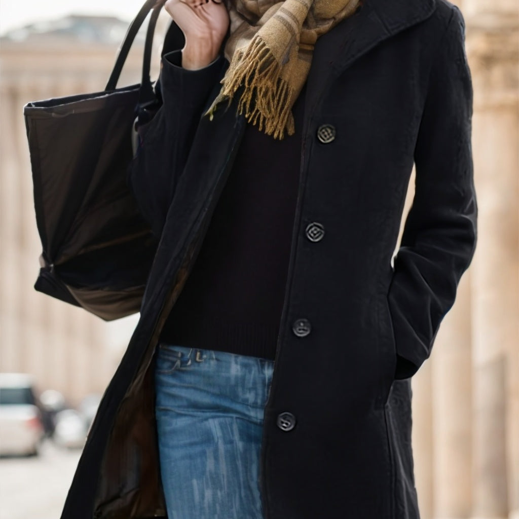 Women's Casual Tweed Coat - Solid Color Mid-Length H-Silhouette Button Front Long Sleeve - Lumina shop