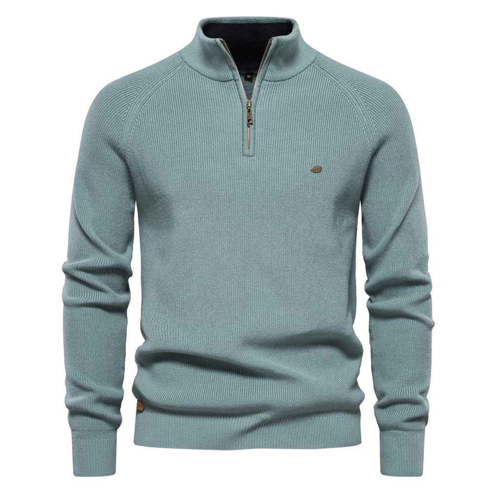 Men's Zipper Stand Collar Knitted Sweater Fashion Slim Solid Color Long Sleeve Half Turtleneck Top Men's Clothing