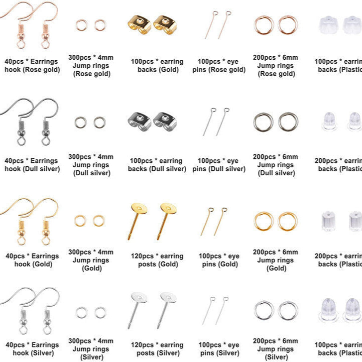 Collection of jewelry-making components including earring hooks, jump rings, eye pins, and backings in various materials and colors.