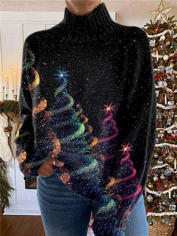 Women's Christmas Printed Turtleneck Sweater featuring colorful Christmas tree design on a black background.