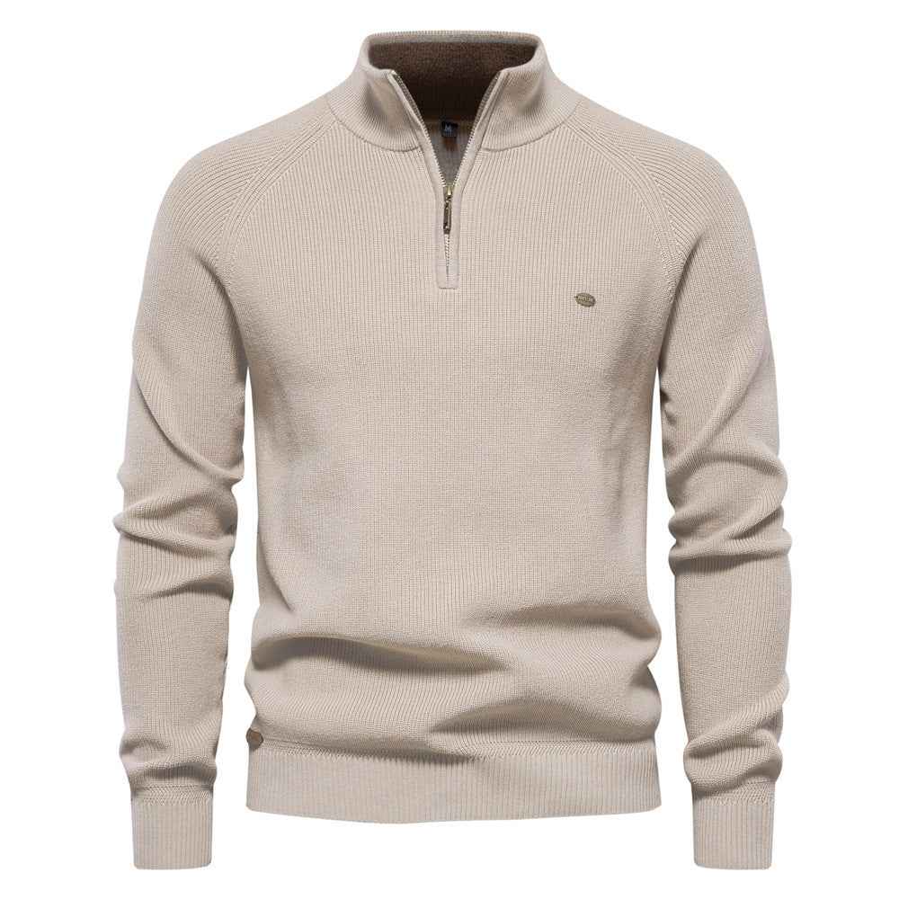 Men's Zipper Stand Collar Knitted Sweater Fashion Slim Solid Color Long Sleeve Half Turtleneck Top Men's Clothing