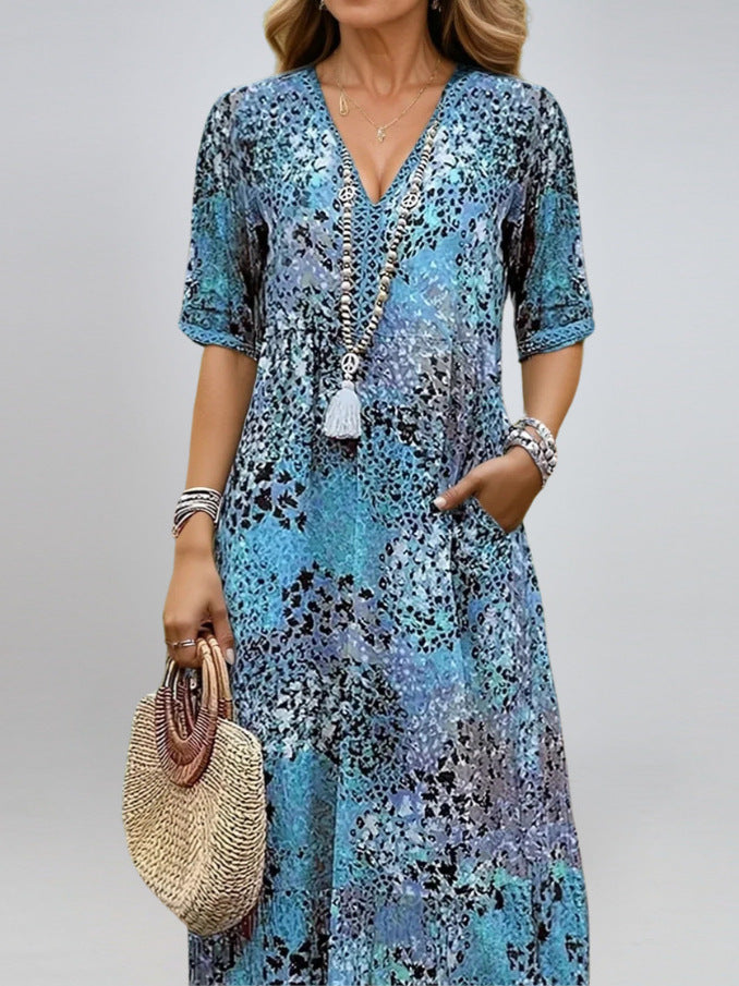 Summer V-neck Half-sleeved Dress With Pockets Fashion Ethnic Print Dresses Beach Holiday Clothing For Women - Lumina shop