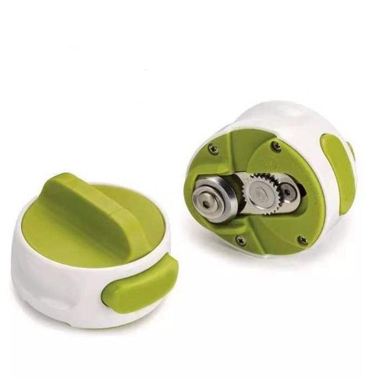Green and white mechanical device with gears on a white background