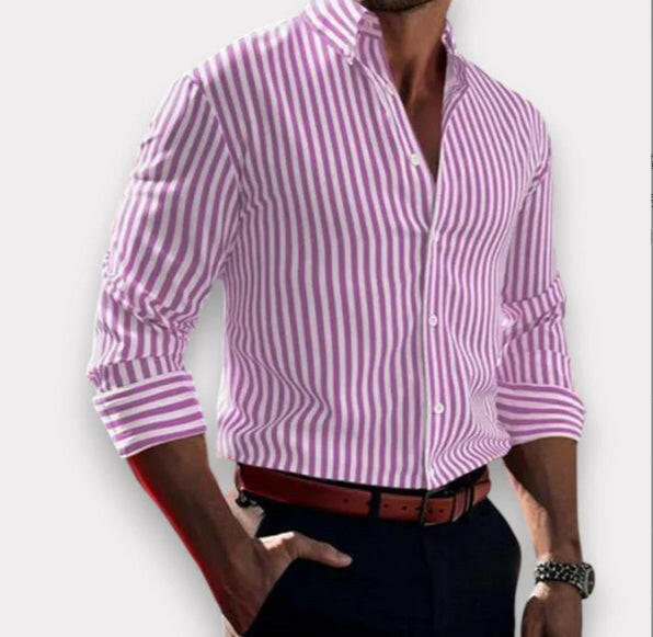 Ins Stripe Printed Long Sleeve Shirt Men Fashion Casual Lapel Button Top Clothing - Lumina shop